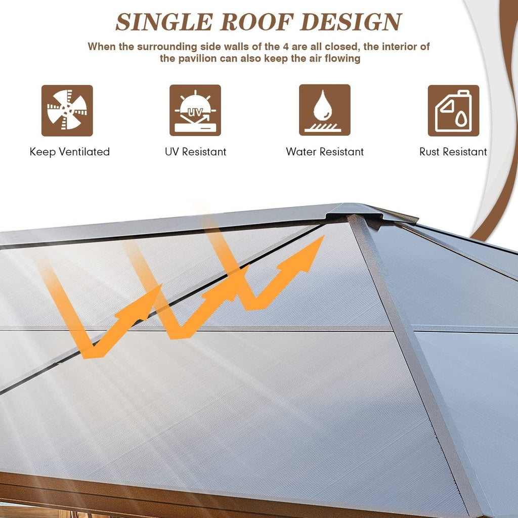 Tonnelle EROMMY à toit rigide, pergola extérieure avec double toit, moustiquaire et rideaux, auvent robuste pour patio, jardin, fête au bord de la piscine
