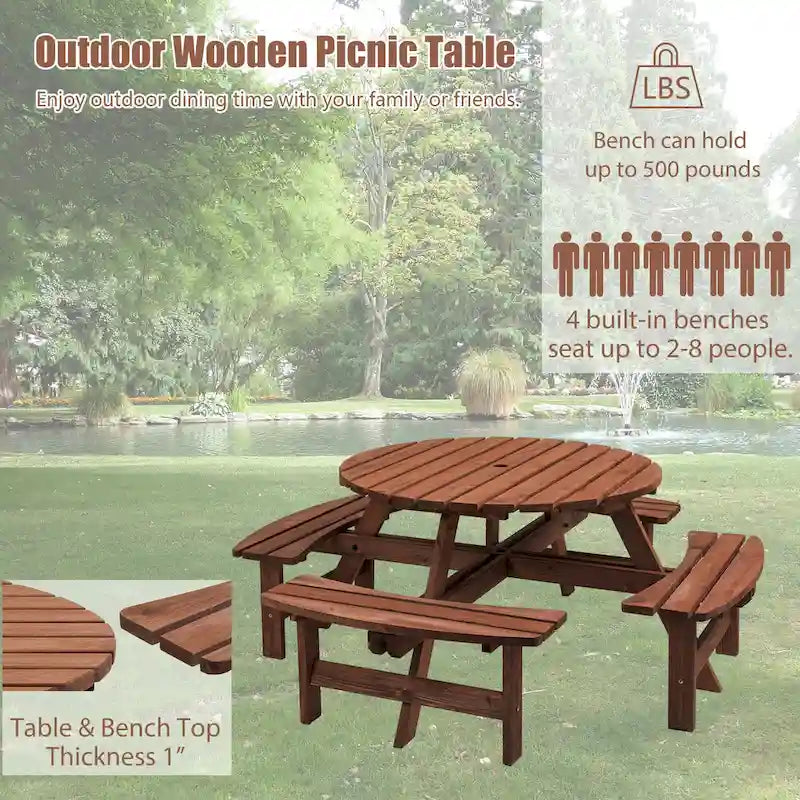 Ensemble de salle à manger rond en bois de sapin pour patio extérieur 8 personnes avec 4 bancs intégrés et trou pour parasol