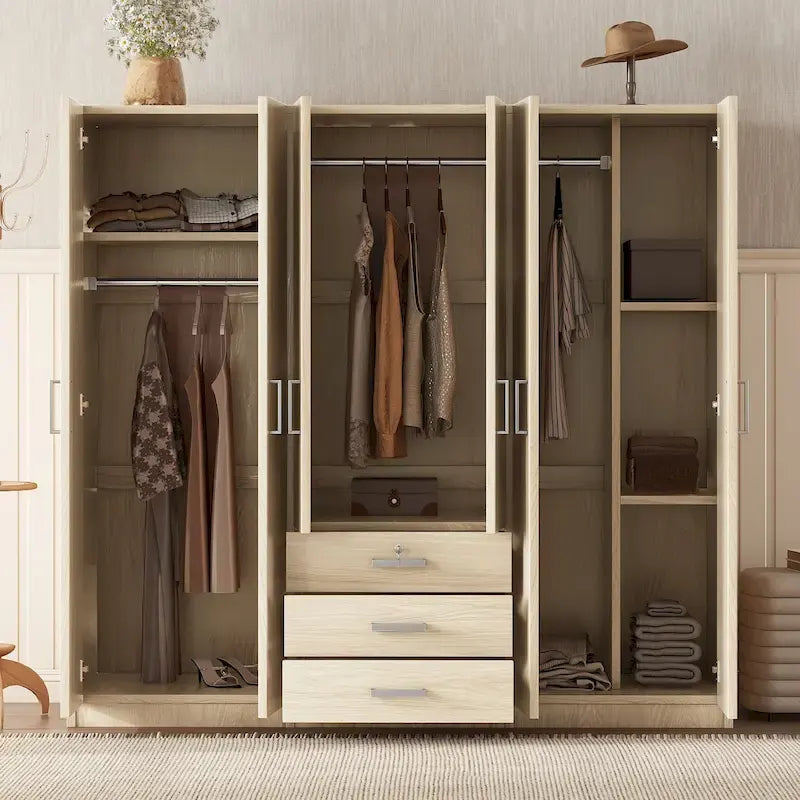 Armoire 6 portes en bois avec 3 grands tiroirs de rangement pour chambre à coucher