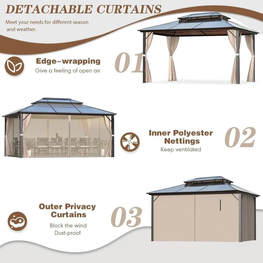 Tonnelle EROMMY à toit rigide, pergola extérieure avec double toit, moustiquaire et rideaux, auvent robuste pour patio, jardin, fête au bord de la piscine