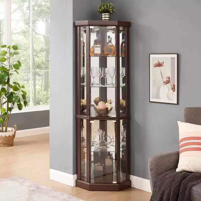 Vitrine d'angle avec portes et étagères en verre, Meuble de présentation d'angle pour salon