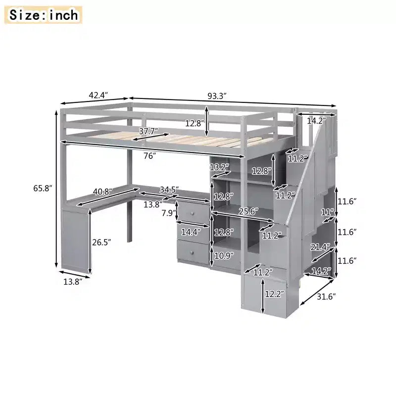 Lit mezzanine une place avec bureau en L, 3 tiroirs, placard, rangements intégrés dans l'escalier, en pin massif/MDF