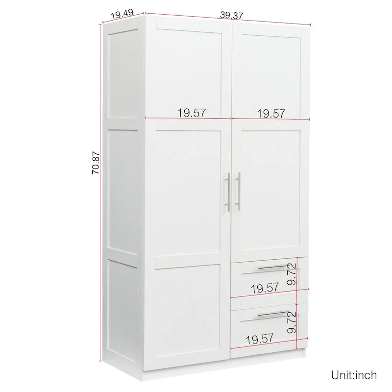 Armoire de rangement en bois blanc avec portes, tiroirs et tringle à vêtements
