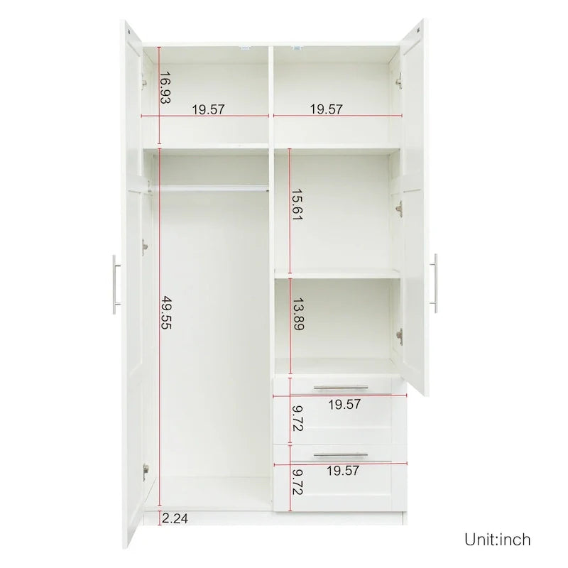 Armoire de rangement en bois blanc avec portes, tiroirs et tringle à vêtements