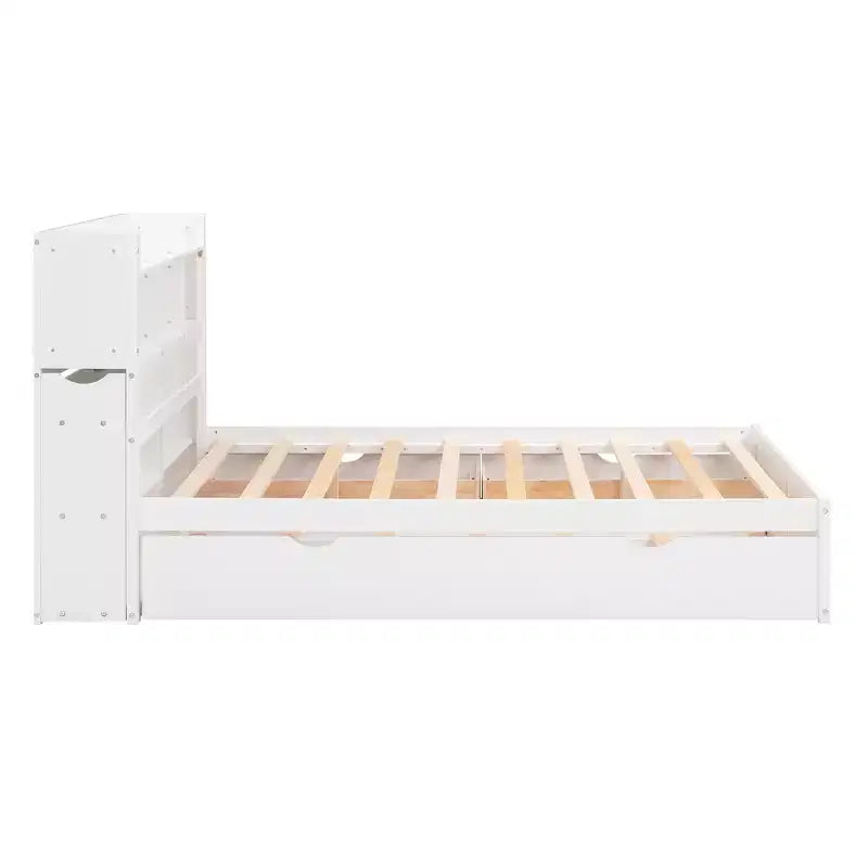 Lit plateforme complet avec lit gigogne, tête de lit bibliothèque et station de recharge, cadre de lit double en bois avec étagères et tiroirs
