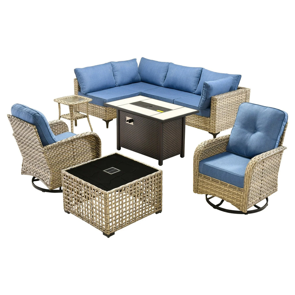 Ensemble de 9 chaises pivotantes en osier d'extérieur OVIOS avec table brasero