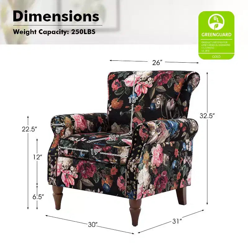 Fauteuil en bois traditionnel Araceli, rembourré à motifs floraux, avec dossier à oreilles et garniture cloutée | ART OF LIVING DESIGNS
