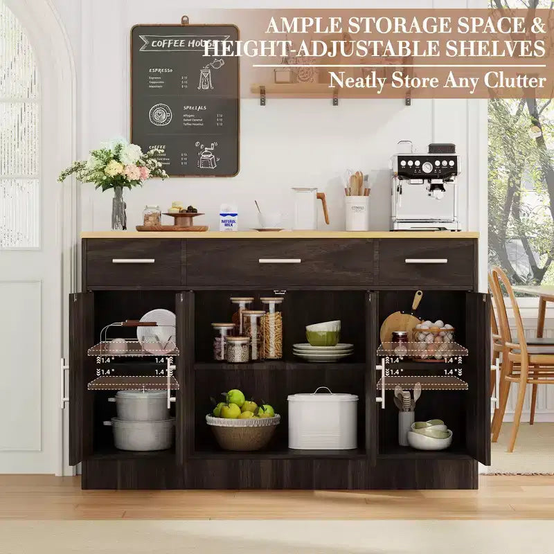 Buffet de cuisine Celebalcony avec rangement, grand buffet de cuisine de 135,6 cm avec 3 tiroirs et 4 portes, étagère réglable pour cuisine, salon