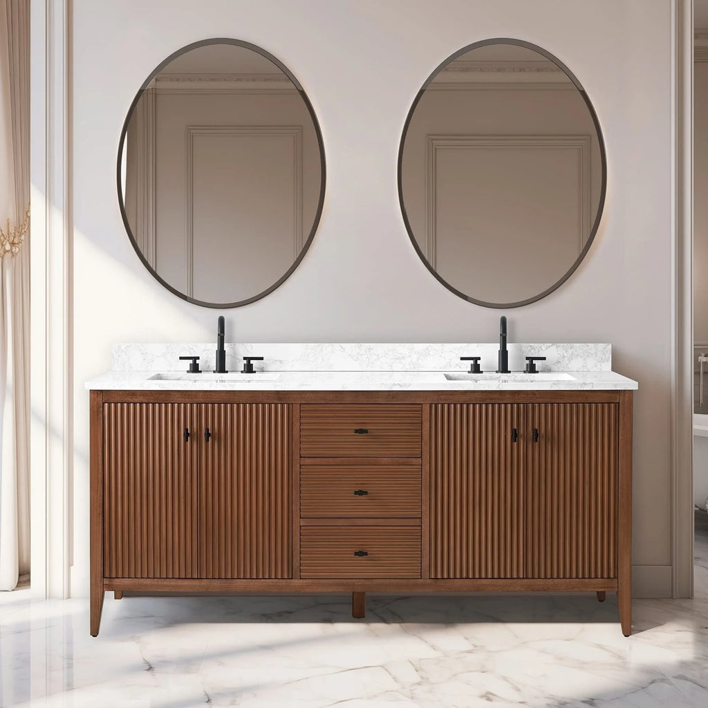 Meuble-lavabo de salle de bain Vanity Art 72 po à double vasque avec dessus en marbre reconstitué