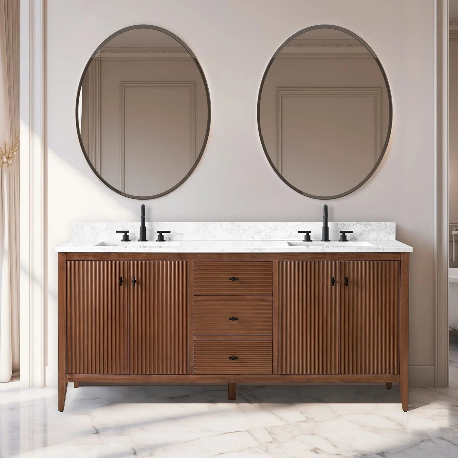 Meuble-lavabo de salle de bain Vanity Art 72 po à double vasque avec dessus en marbre reconstitué