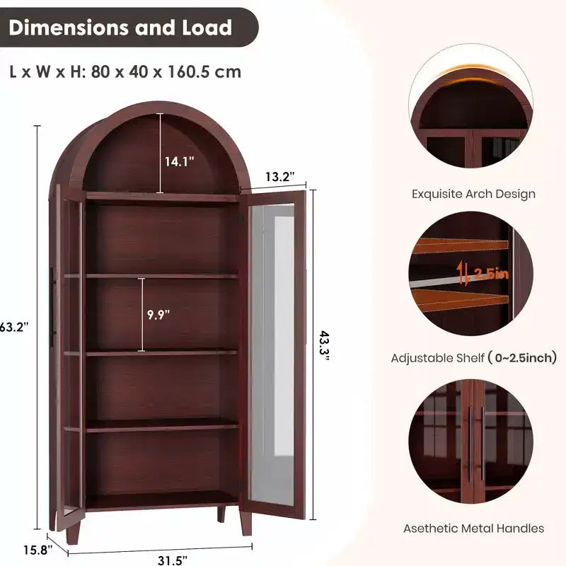 Haut meuble de rangement arqué avec portes vitrées, bibliothèque de présentation à 5 niveaux avec étagères réglables pour cuisine ou salon