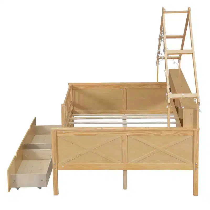 Cadre de lit maison pleine grandeur avec tiroirs, lit plate-forme maison avec lumières LED, étagères de rangement et tiroirs, lit de repos en bois avec toit et garde-corps