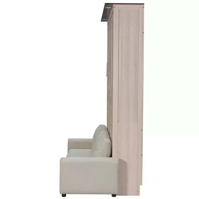 Lit escamotable Queen Size avec canapé, Lit escamotable Queen Size en bois avec éclairage LED, Lit escamotable pliant avec coffre pour chambre d'amis, Beige