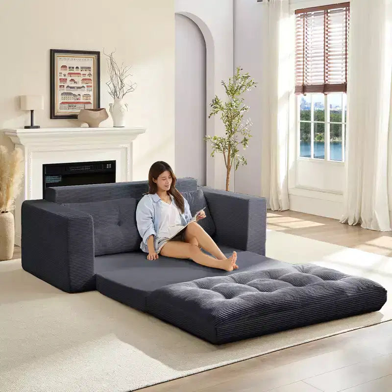 Mjkone Canapé-Lit Futon Convertible 2-en-1 180 cm, Canapé Deux Places Pliable en Tissu Côtelé avec Boutons Touffetés, Idéal pour Petits Espaces