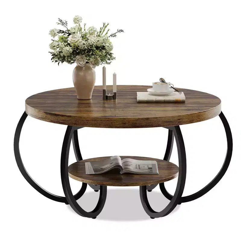 Table basse industrielle ronde de 30 pouces à 2 niveaux avec pieds réglables, étagère à grain de bois, motif flamme, assemblage facile, salon