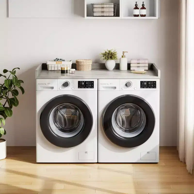 Comptoir pour lave-linge-sécheuse, dessus de machine à laver avec bord surélevé et tapis antidérapant pour le rangement des paniers à linge et l'organisation de la buanderie