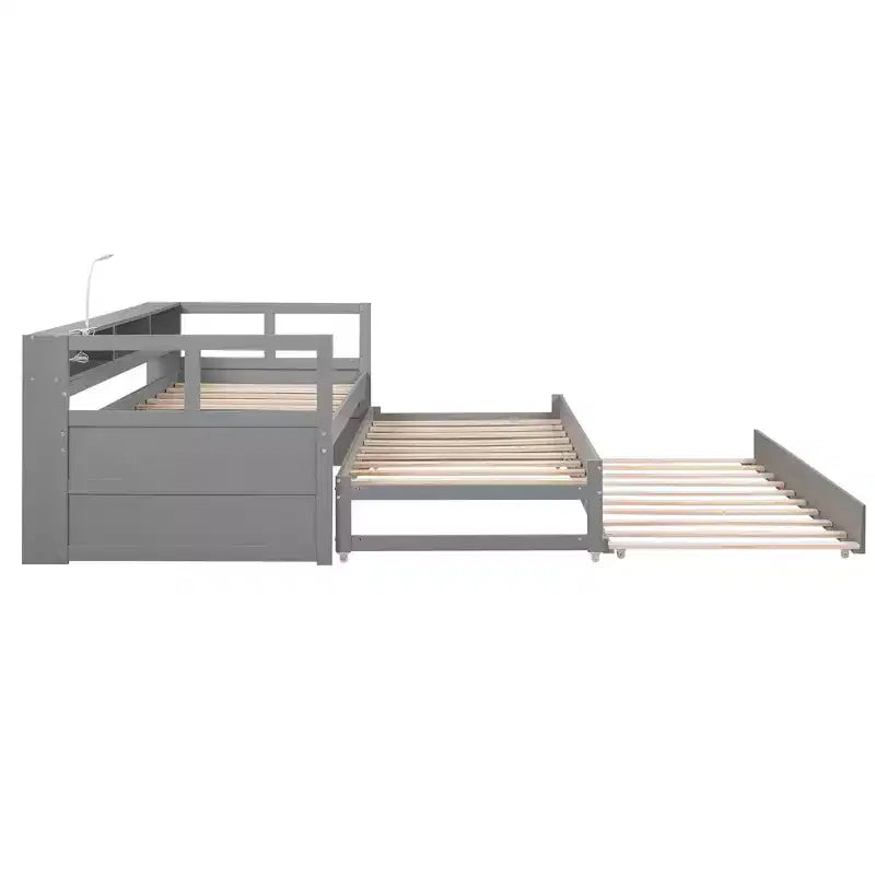 Lit de repos double XL Whisen en bois avec 2 lits gigognes, 3 compartiments de rangement, 1 lampe gratuite et port de chargement USB