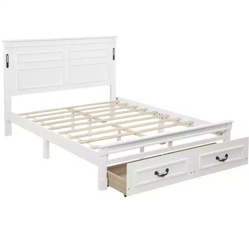 ModernLuxe Lit plateforme Queen/King Size avec tête de lit haute, cadre de lit rustique en bois avec 2 tiroirs, lumières LED et ports USB