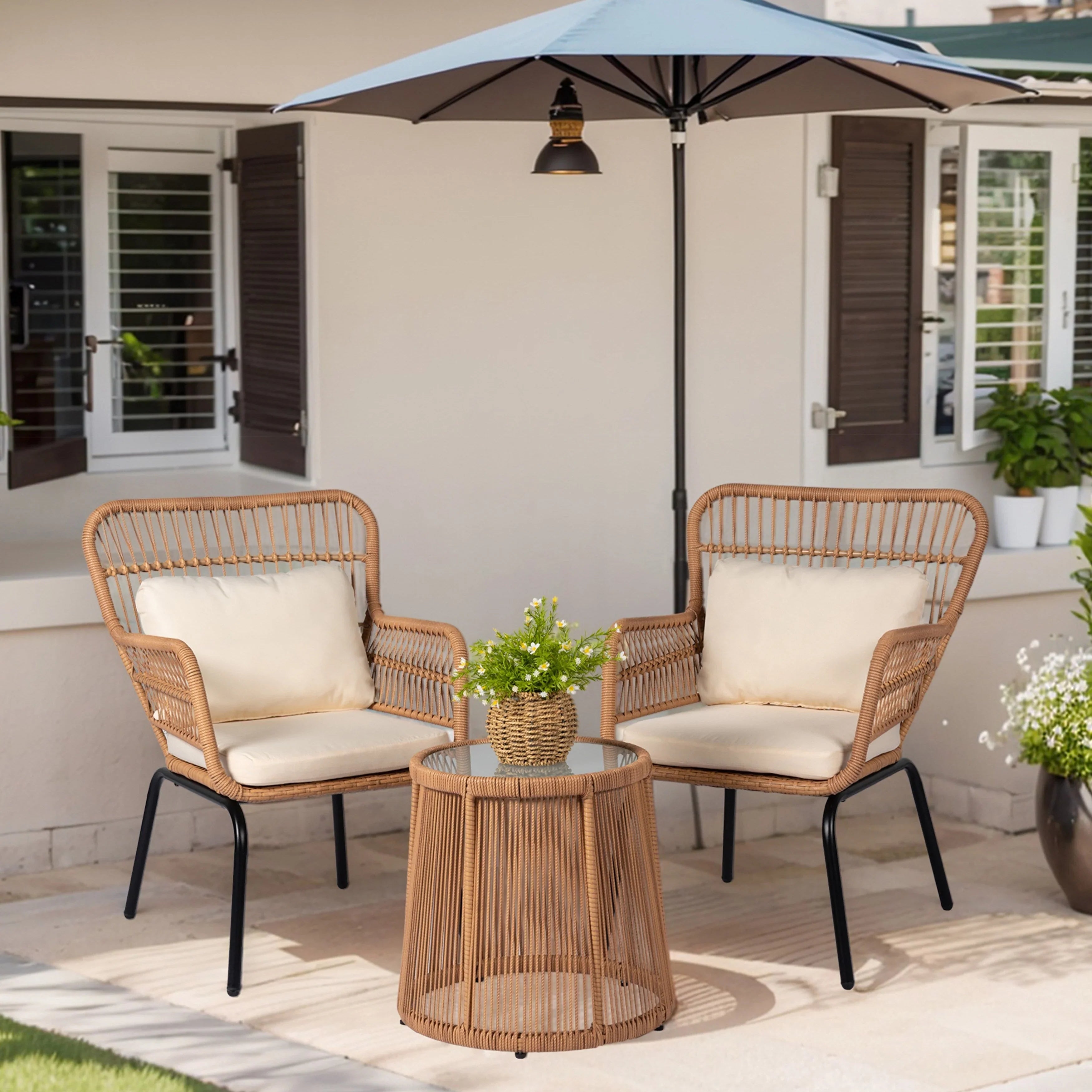 Ensemble bistrot 3 pièces en osier pour conversation, salon de jardin en rotin résistant aux intempéries avec coussins