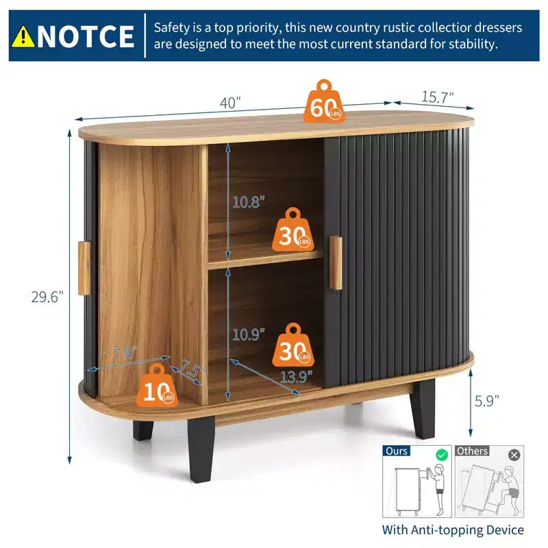 Bahut cannelé de 101,6 cm, Armoire de rangement avec porte coulissante et étagère réglable, Desserte de rangement moderne, Table console de bar à rideaux
