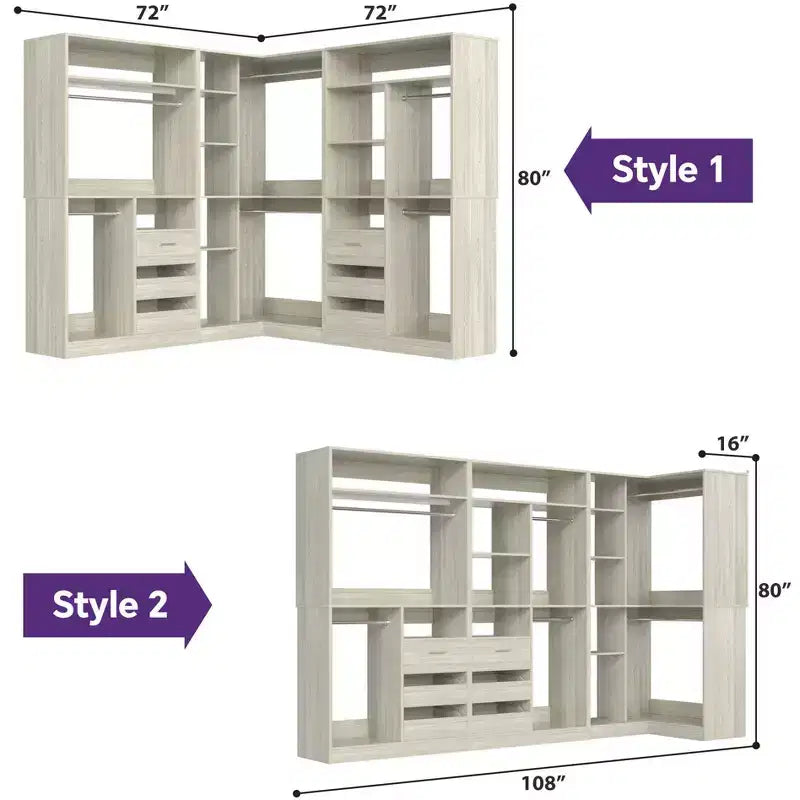 Besiost Lot de 3 dressings d'angle avec étagères et tiroirs, organisateur de placard autoportant avec tringles à vêtements