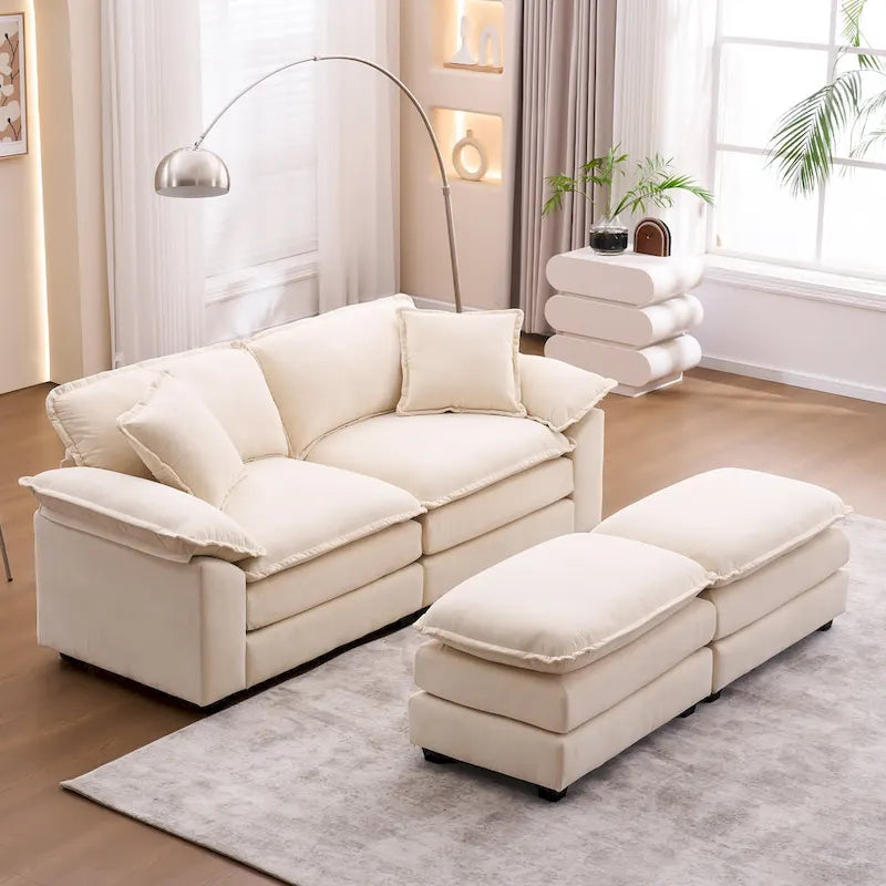 Canapé 2 places avec 2 coussins de siège, 2 oreillers et 2 poufs, canapé confortable - Canapé profond de salon, canapé modulable