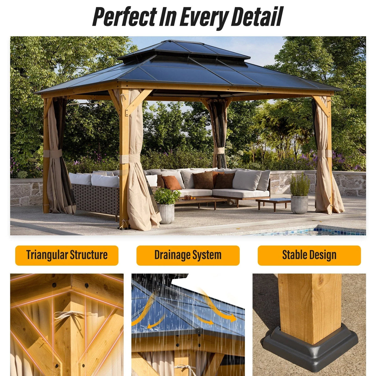 Tonnelle EROMMY à toit rigide, pergola extérieure avec double toit, moustiquaire et rideaux, auvent robuste pour patio, jardin, fête au bord de la piscine