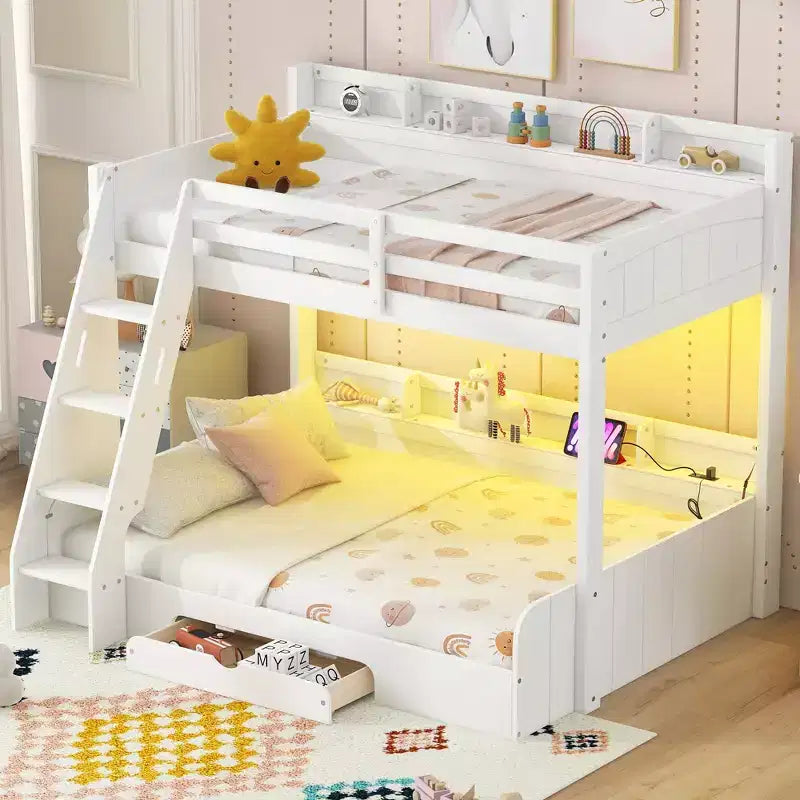 Lit superposé double sur toute la longueur avec rangement, lumières LED et station de charge, lit superposé en bois avec étagères latérales pour enfants et adolescents