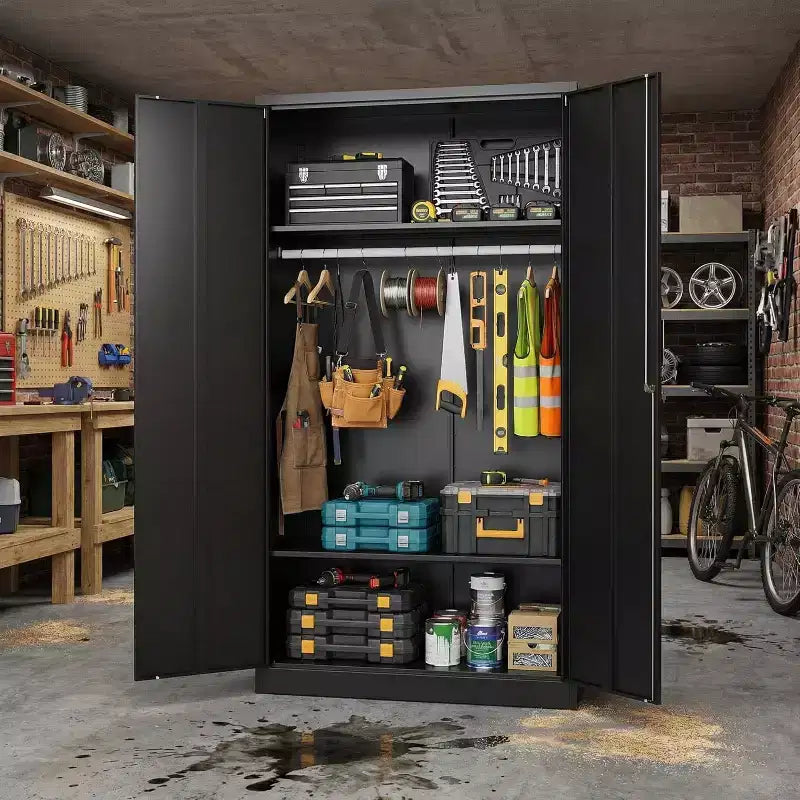 Armoire de rangement 72 po avec serrure, armoires de rangement de garage en métal noir avec étagères réglables et tringle à vêtements, armoire de rangement en métal pour la maison, la chambre