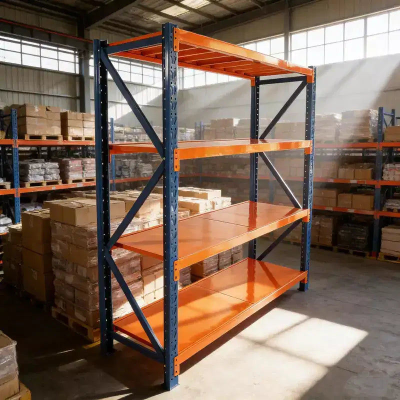 Étagères de garage robustes VIYET, rayonnage métallique réglable à 4 niveaux d'une capacité de 2000 kg, rangement industriel bleu et orange pour magasin/outils/salle de sport.