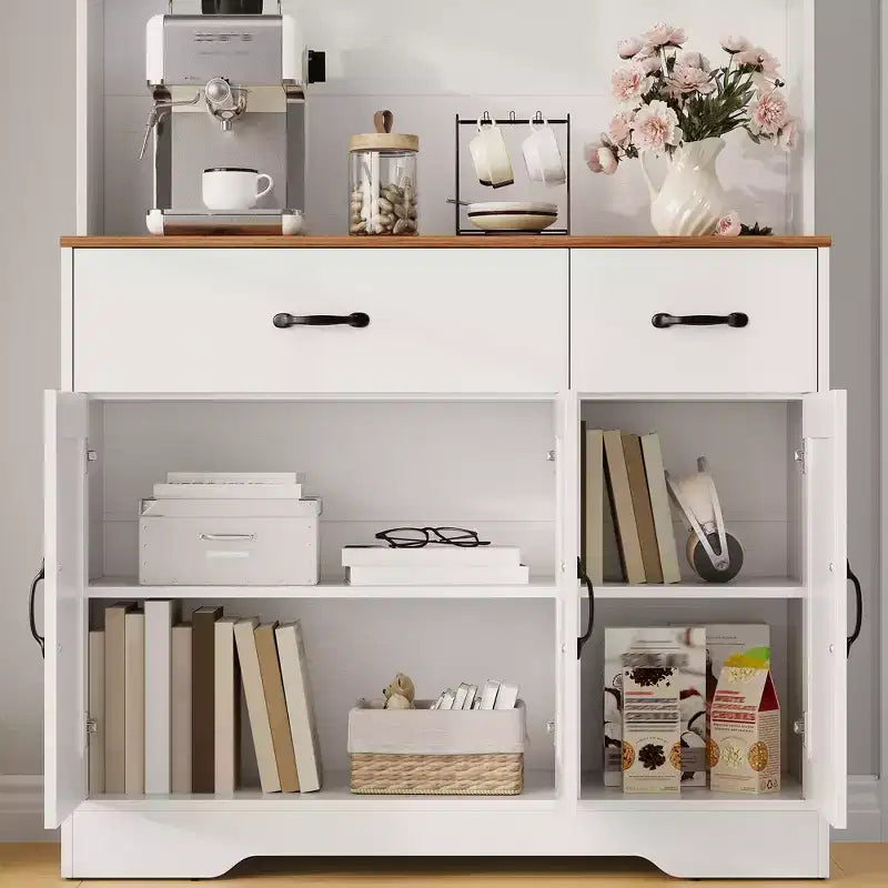 Meuble de cuisine de 71 pouces avec station de recharge, grand plan de travail, support à micro-ondes et 2 tiroirs, rangement de type « hutch » pour salle à manger et salon