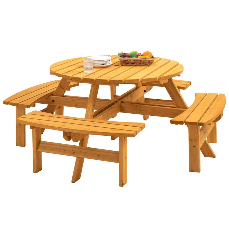 Ensemble de salle à manger rond en bois de sapin pour patio extérieur 8 personnes avec 4 bancs intégrés et trou pour parasol