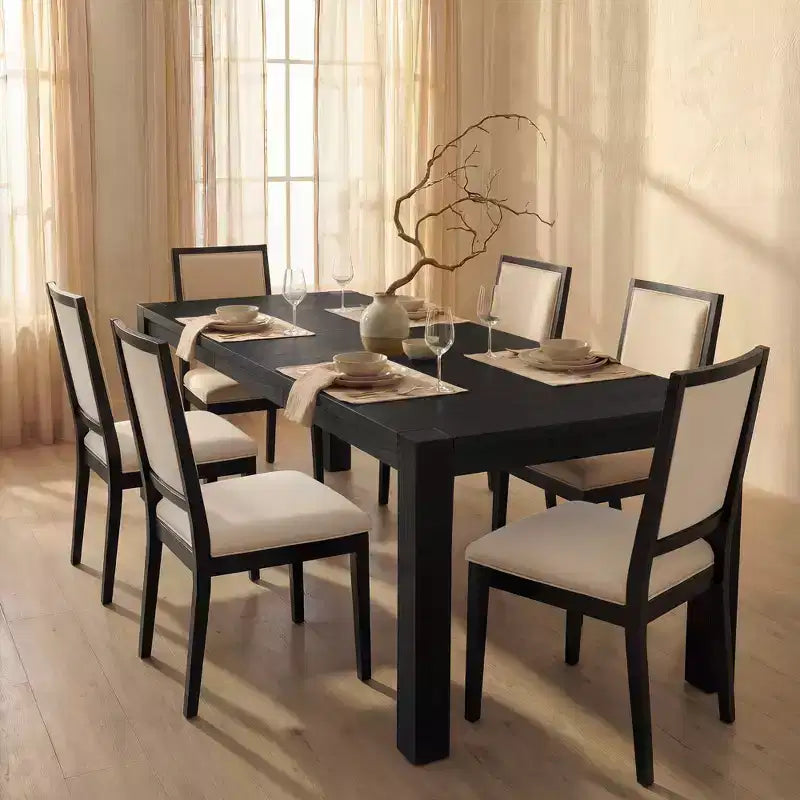 Ensemble de salle à manger moderne - Table 80" + 6 chaises rembourrées, cadre en bois massif, capacité de la table 400lbs, assemblage facile