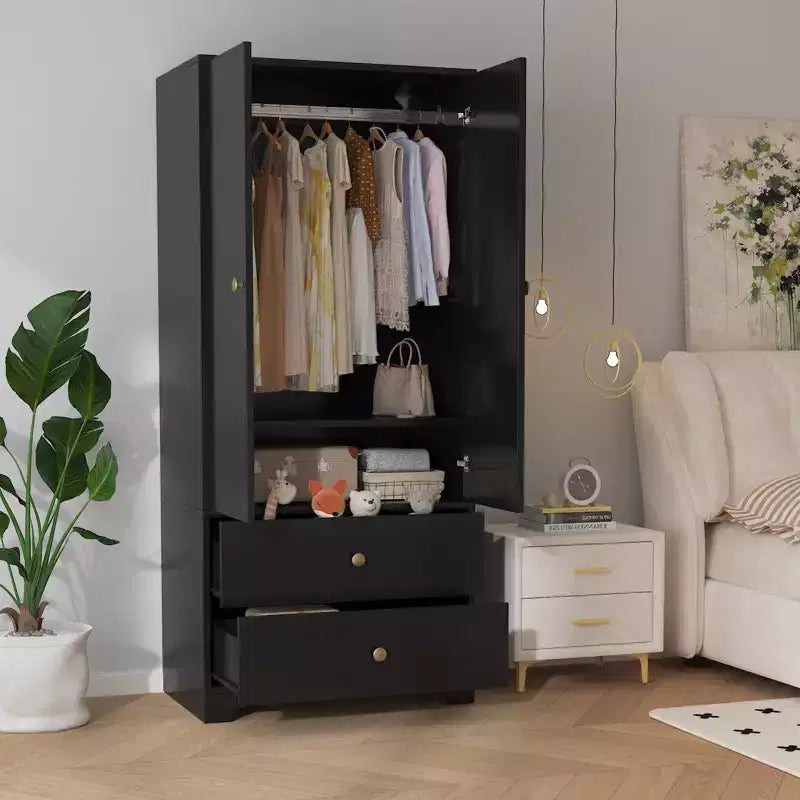 Armoire de chambre moderne en bois de 180 cm avec 2 portes, 2 tiroirs, étagères réglables, armoire de rangement pour vêtements et tringle à vêtements