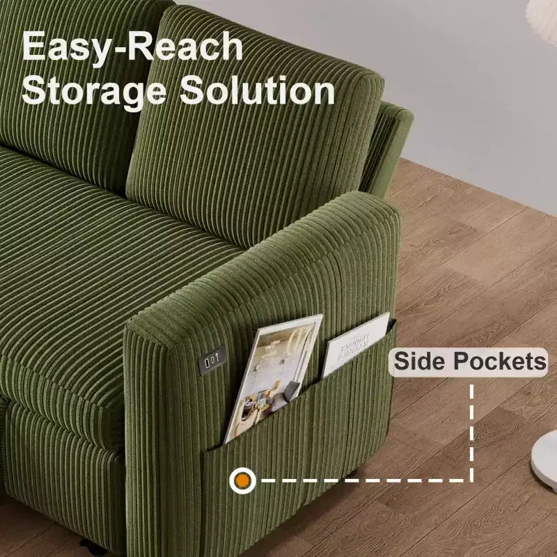 Canapé-lit Dyonery 2-en-1 avec méridienne de rangement, canapé sectionnel en velours côtelé avec ports USB pour salon