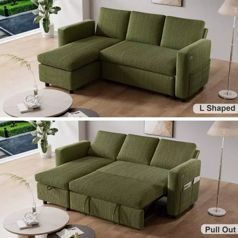 Canapé-lit Dyonery 2-en-1 avec méridienne de rangement, canapé sectionnel en velours côtelé avec ports USB pour salon