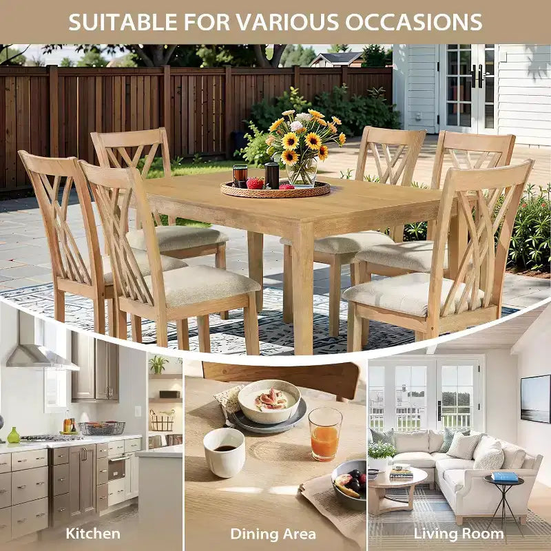 Ensemble de salle à manger Zevemomo 7 pièces en bois massif avec 6 chaises rembourrées, ensemble table et chaises compact pour salle à manger, cuisine, couleur bois naturel