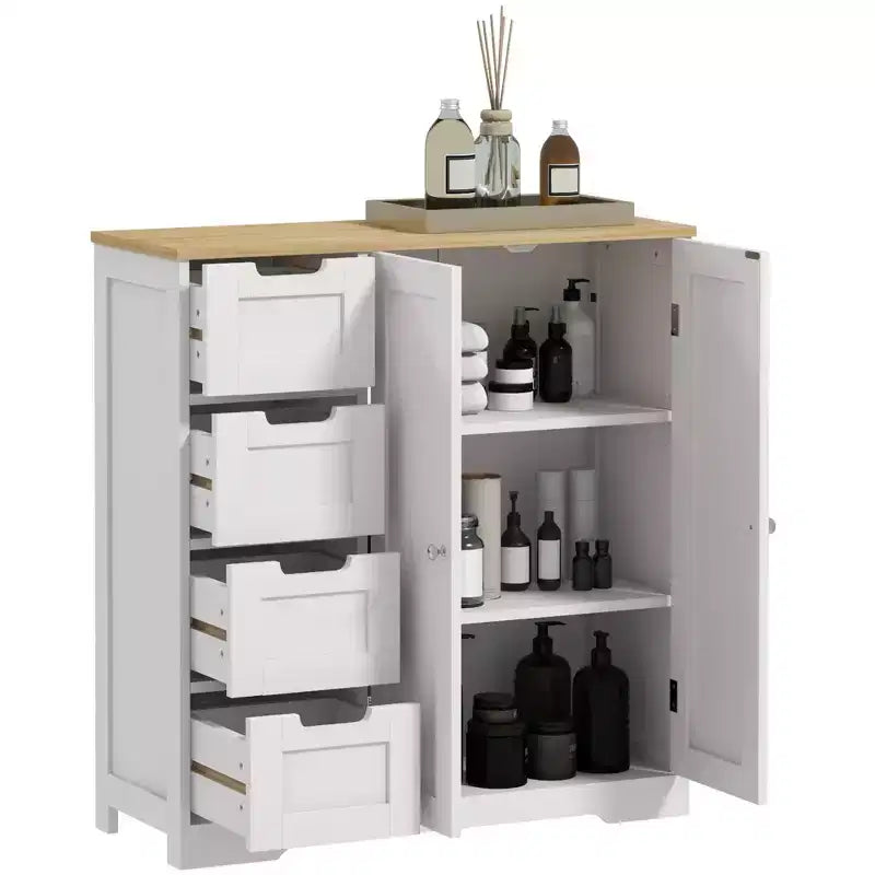 Meuble bas de salle de bain HOMCOM avec étagère réglable, meuble de rangement de salle de bain autoportant avec 4 tiroirs et 2 portes, blanc