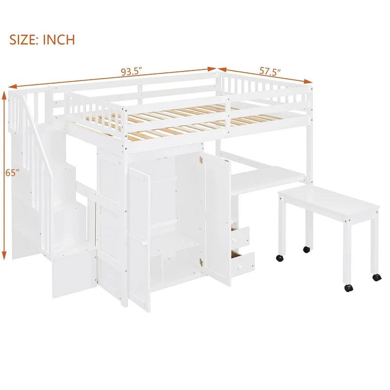 Lit mezzanine double avec escalier, bibliothèque, bureau et armoire – Meuble multifonctionnel et peu encombrant pour enfants et adolescents – Blanc