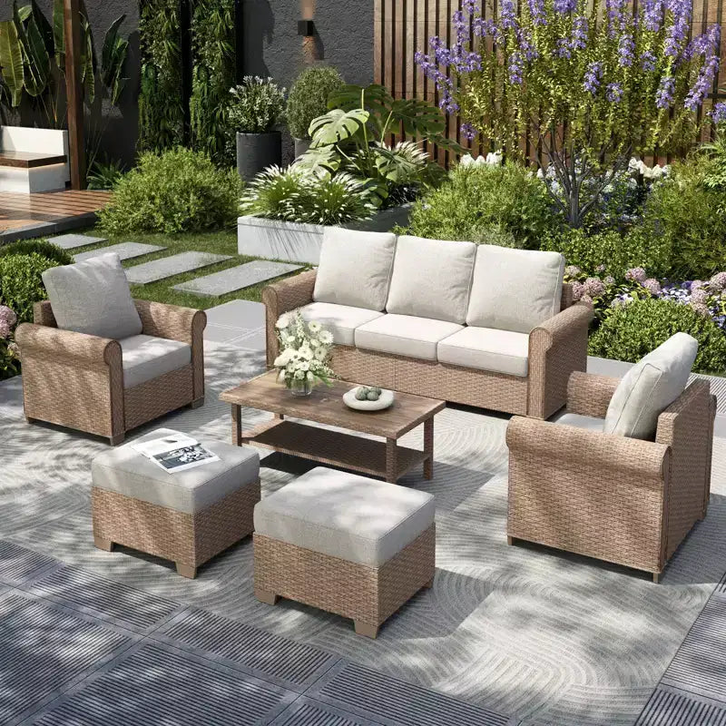 Captiva Designs Salon de jardin 6 pièces de luxe en osier avec accoudoirs incurvés et coussins