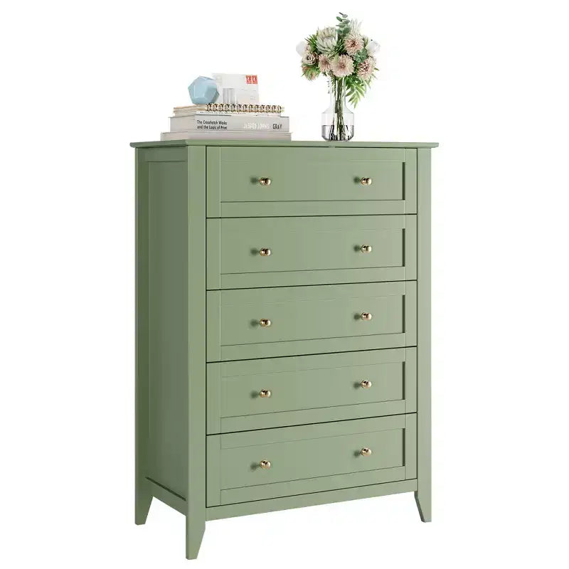 Commode à 5 tiroirs de 108 cm de haut pour chambre à coucher, armoire de rangement en bois avec tiroirs de 30 cm de profondeur et poignées en métal doré, idéale pour l'entrée ou le couloir