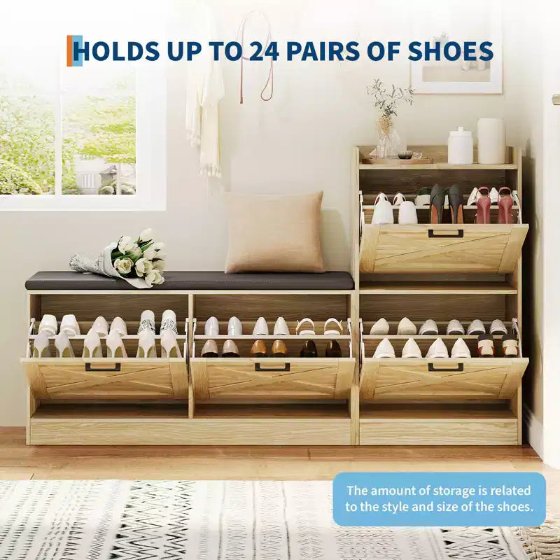 Banc avec 4 tiroirs relevables et coussin de siège rembourré, Étagère à chaussures étroite en bois, Convient pour le banc d'entrée de salon