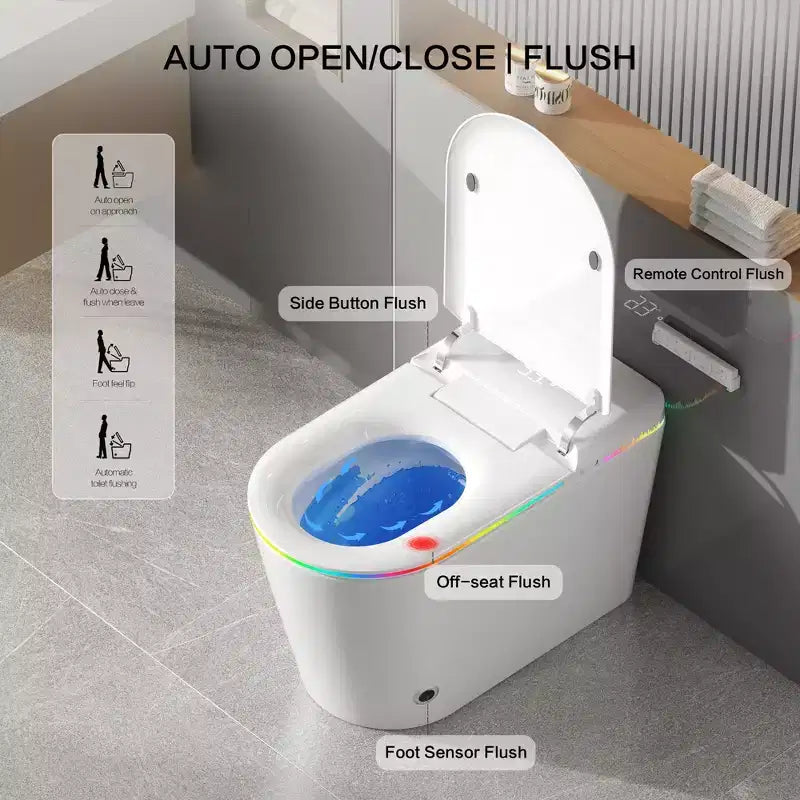 Toilettes intelligentes Dyonery, monobloc sans réservoir avec bouclier en mousse, couvercle à ouverture/fermeture automatique, bidet et séchoir chauffants, veilleuse LED, chasse d'eau automatique