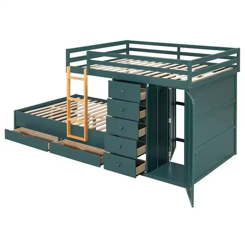 Lit superposé double sur double avec armoire de rangement et tiroirs, lit superposé double en bois peu encombrant avec garde-corps pour appartement, chambre à coucher