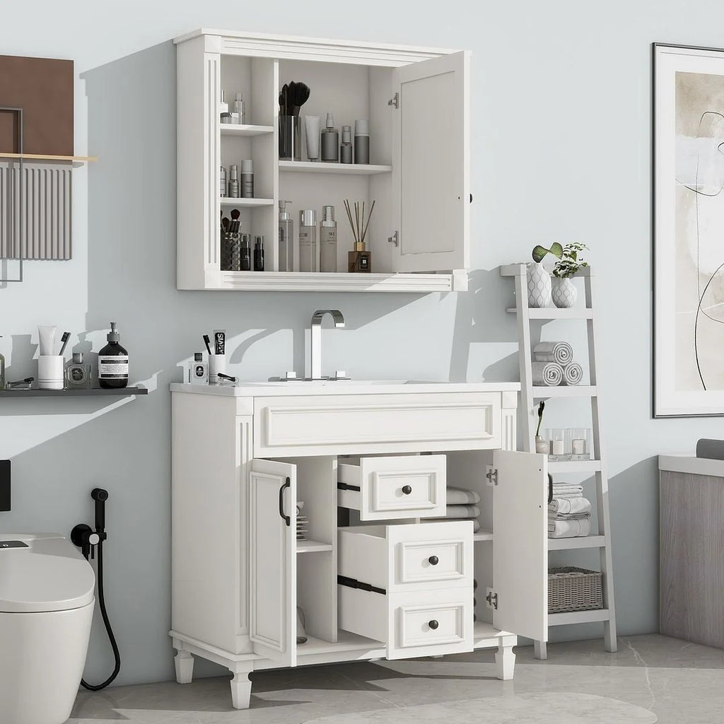 Meuble-lavabo de salle de bain moderne de 91 cm avec lavabo et armoire de toilette, 2 portes et 2 tiroirs