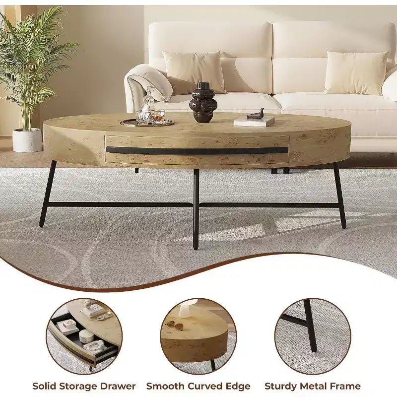 Table basse ovale Acekool avec tiroir, table de rangement en bois 120 cm avec pieds en métal croisés, table basse de style moderne du milieu du siècle en saule naturel et doré