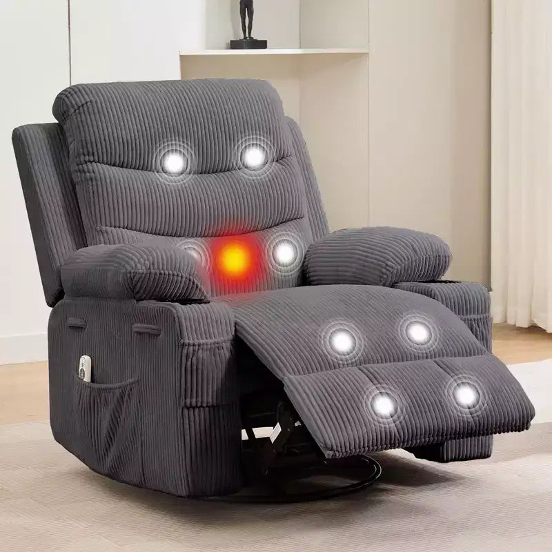 Fauteuil inclinable surdimensionné 360 pivotant et berçant avec massage et chaleur - Fauteuil de salon ergonomique avec porte-gobelets, poches latérales pour salon, chambre de bébé