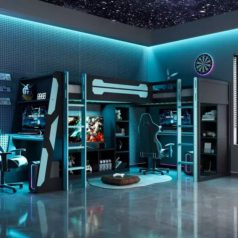 Lit mezzanine de jeu en L avec bureaux, lits superposés doubles avec lumières LED, ports USB, étagères de rangement, lit mezzanine d'angle en bois pour 2 personnes