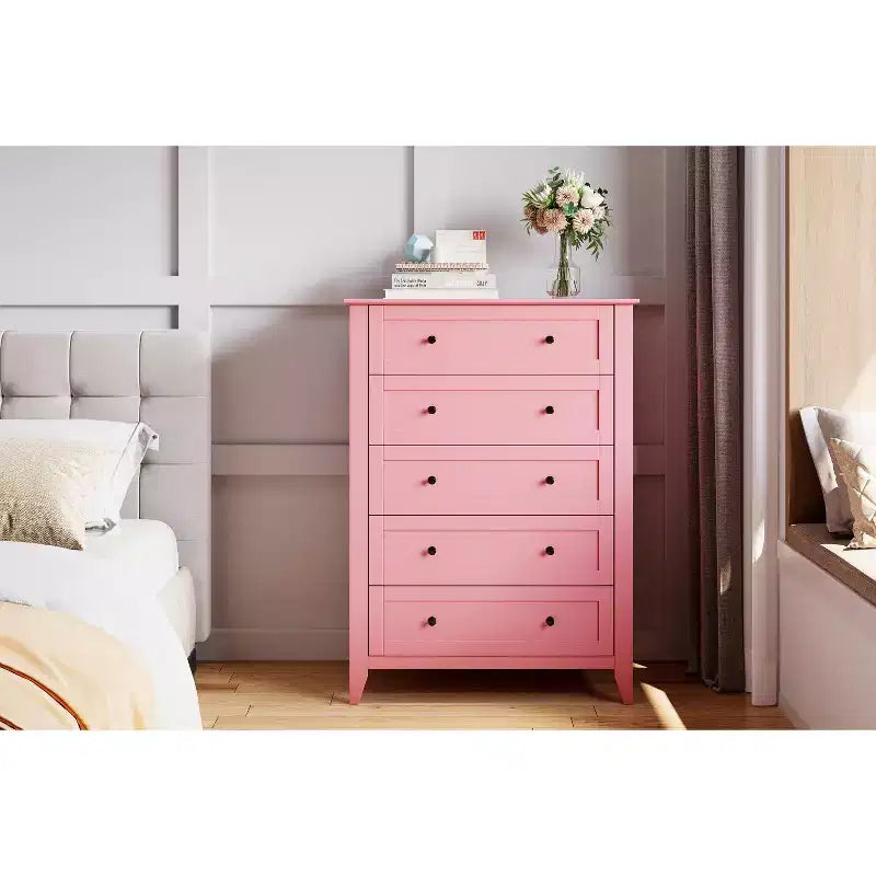 Commode à 5 tiroirs de 108 cm de haut pour chambre à coucher, armoire de rangement en bois avec tiroirs de 30 cm de profondeur et poignées en métal doré, idéale pour l'entrée ou le couloir