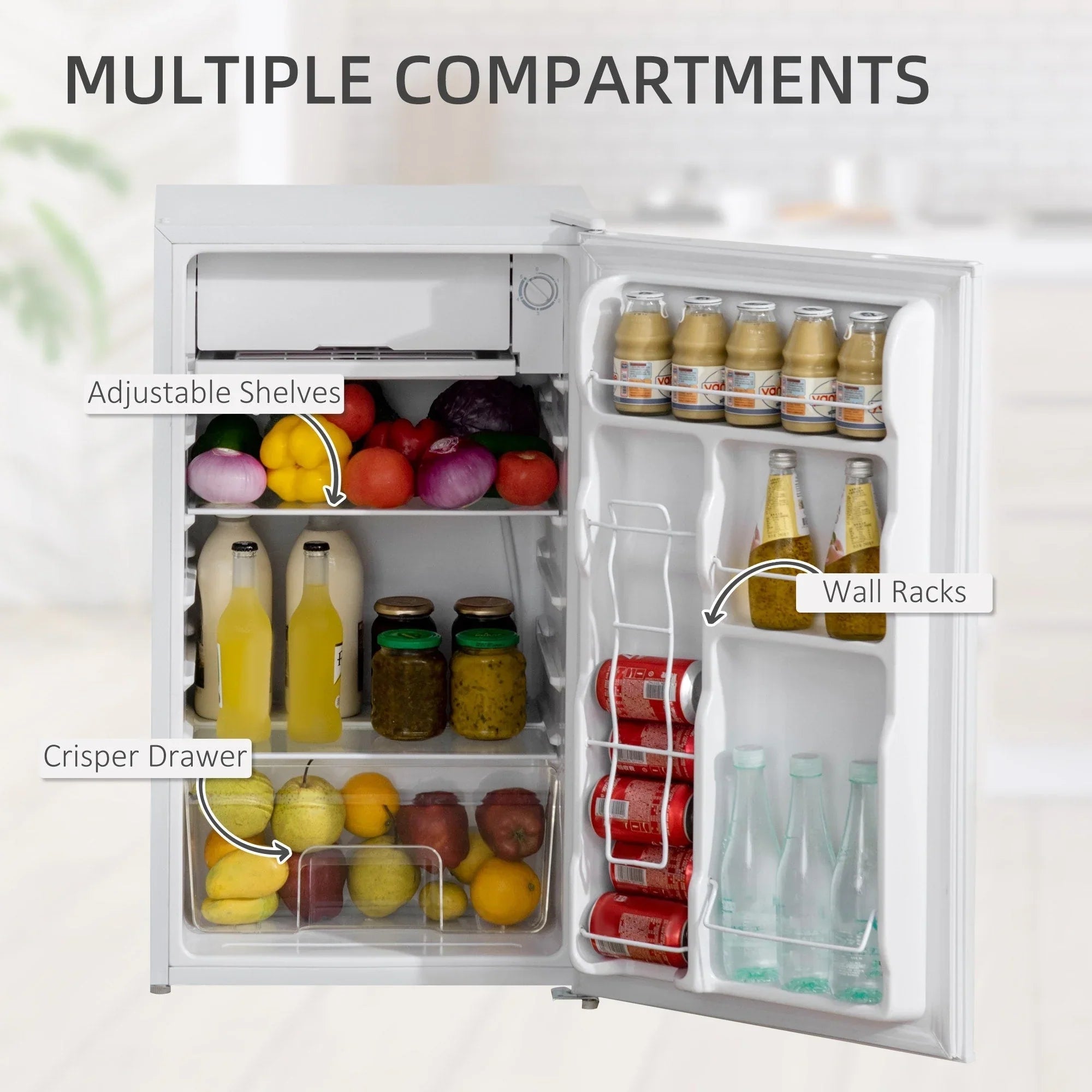 HOMCOM Mini-réfrigérateur de 90,6 L avec congélateur, Réfrigérateur compact à porte unique avec thermostat réglable pour chambre